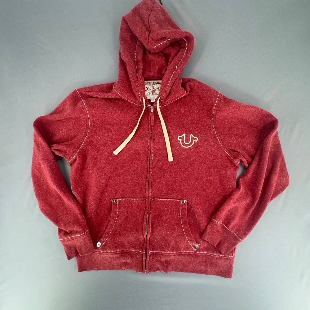 True Religion Mens Red Heather Zip Up Hoodie Contrast Stitch Logo 2XL XXL